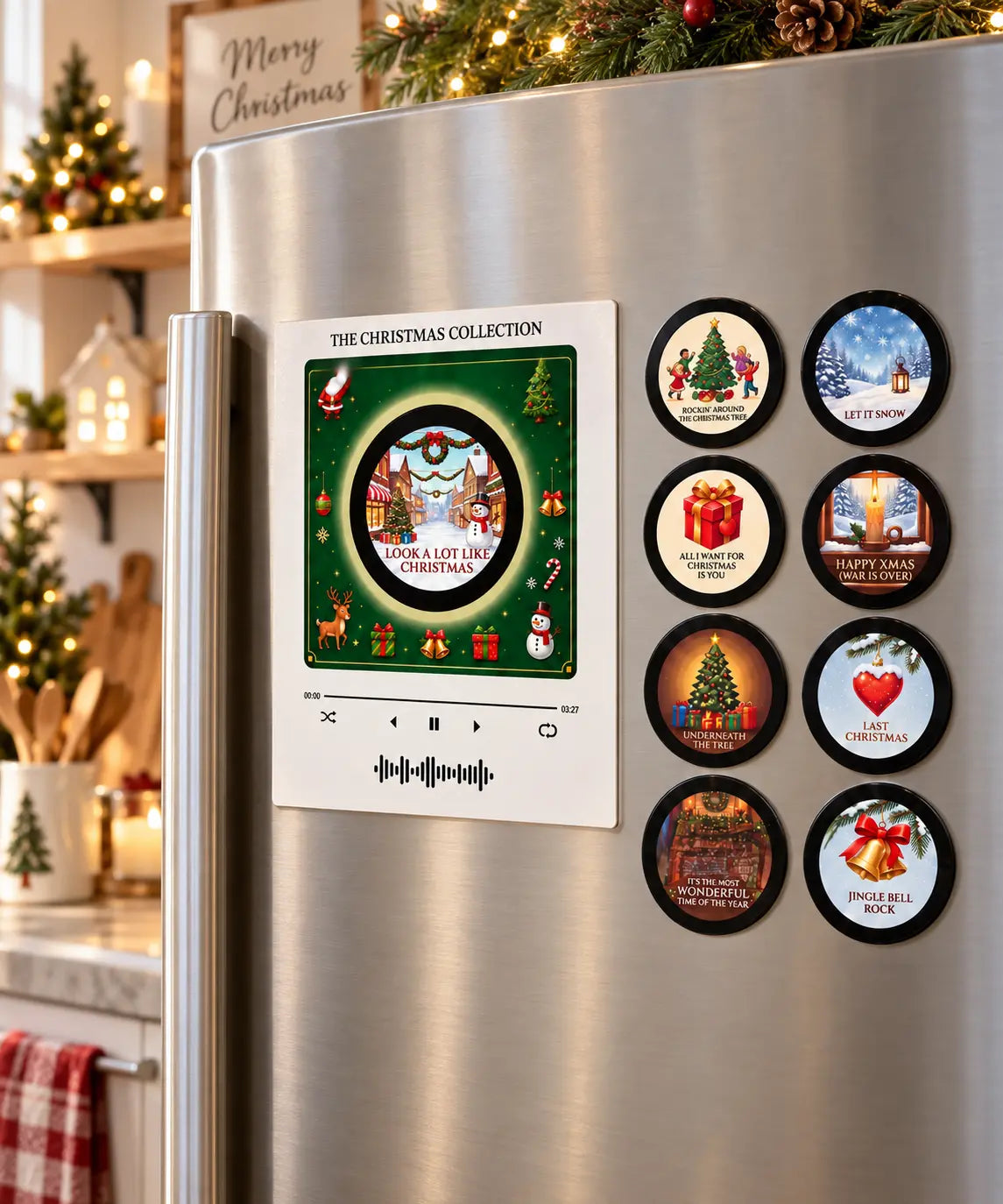 The Christmas Collection displayed on a refrigerator in a warm Christmas kitchen